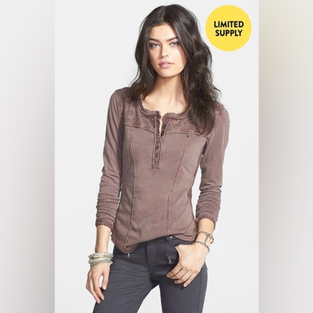 Free People Mauve Brown Long Sleeve Henley Top